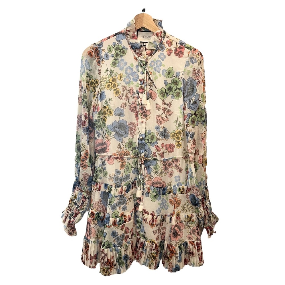 Alexis Jaila Floral Long Sleeve Button-Up Cinch Waist Tiered Mini Dress, Size S - Picture 4 of 7